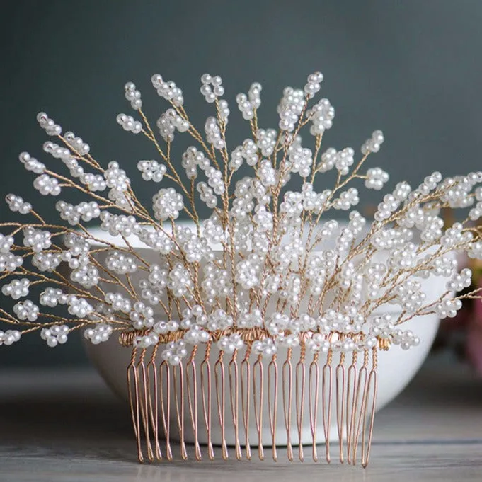 Pearls Tree Handmade Headpiece Gold Bridal Hair Comb