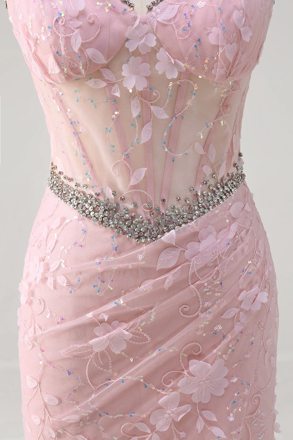 Pink Mermaid Ruched Beaded Corset Slit Prom Dress with 3D Appliques