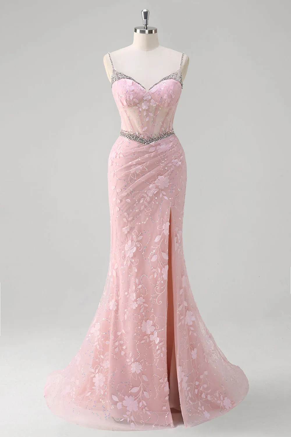 Pink Mermaid Ruched Beaded Corset Slit Prom Dress with 3D Appliques