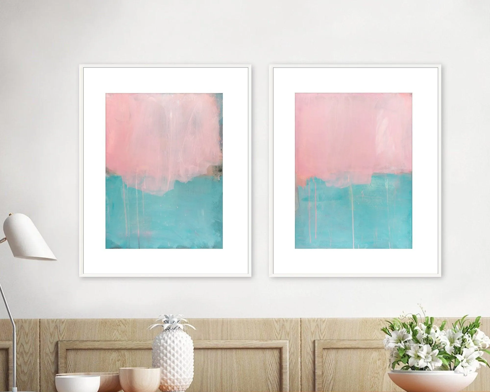 Pink print set canvas wall art - Teal abstract art set