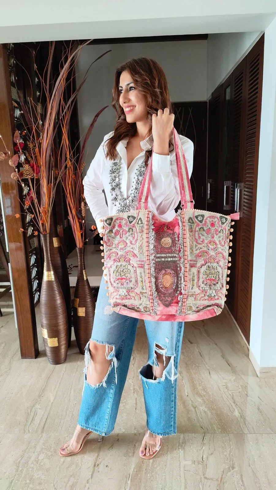 Pink Tie Dye Beadwork Banjara Handcrafted Embroidery Tote Bag