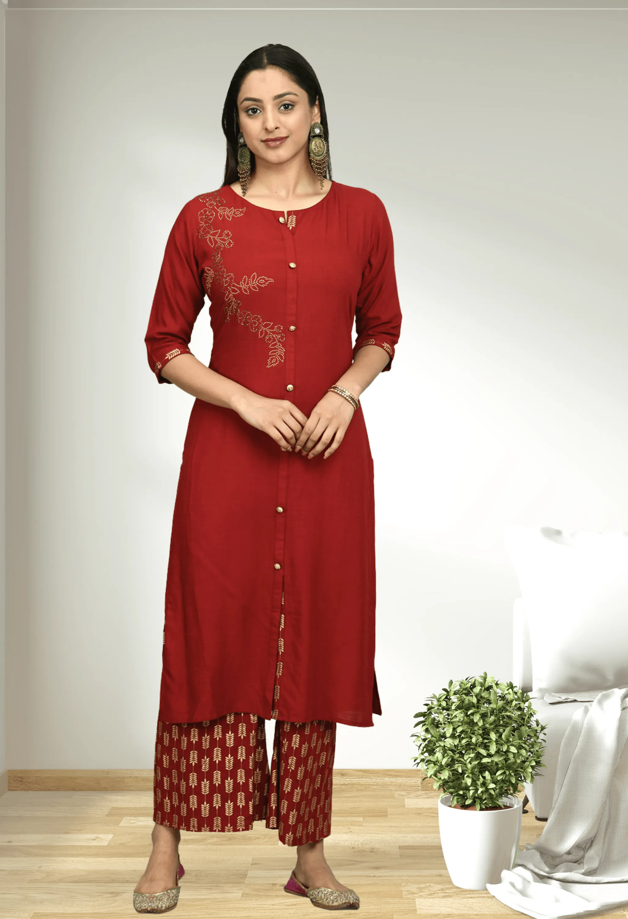 Plus Size Embellished Rayon Kurta Palazzo Set