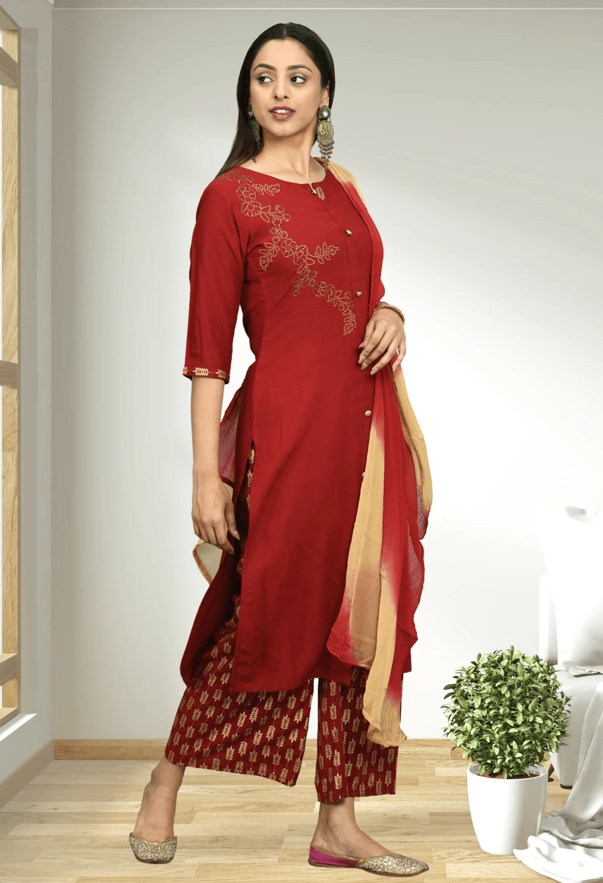 Plus Size Embellished Rayon Kurta Palazzo Set