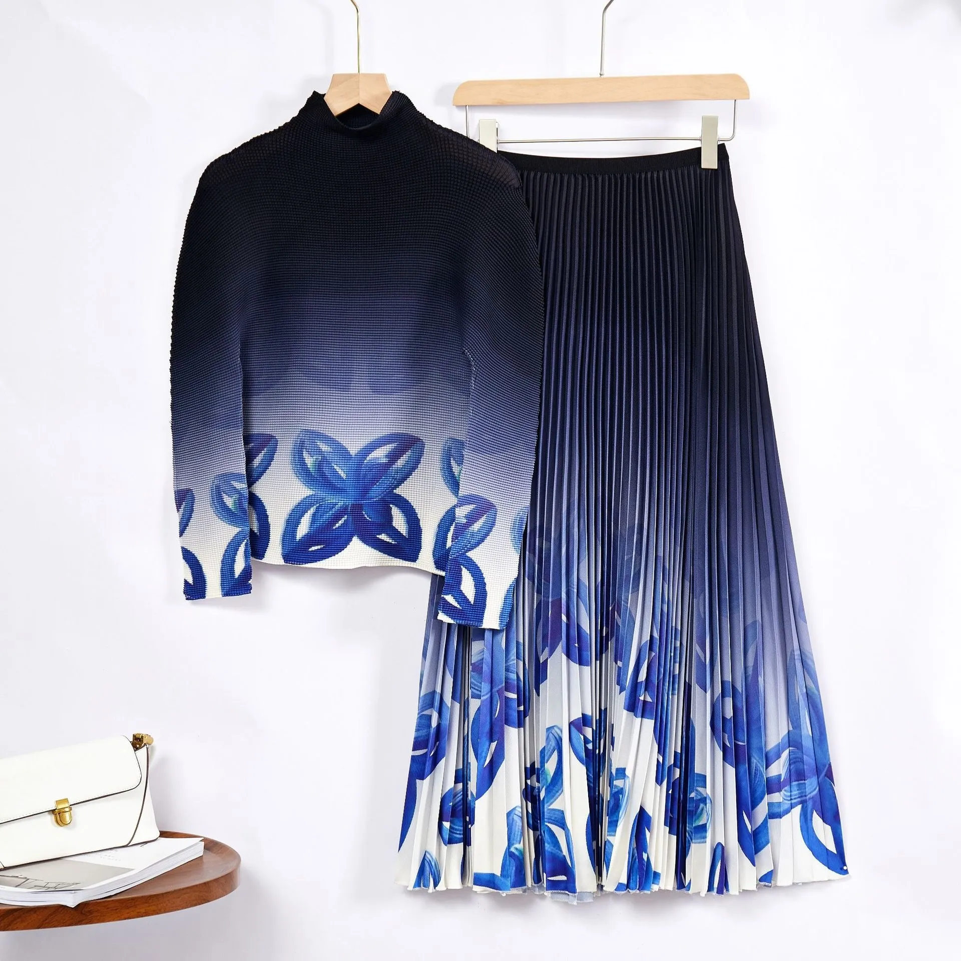 Pre Order:  Contrast Floral Pleated Top Skirt Set