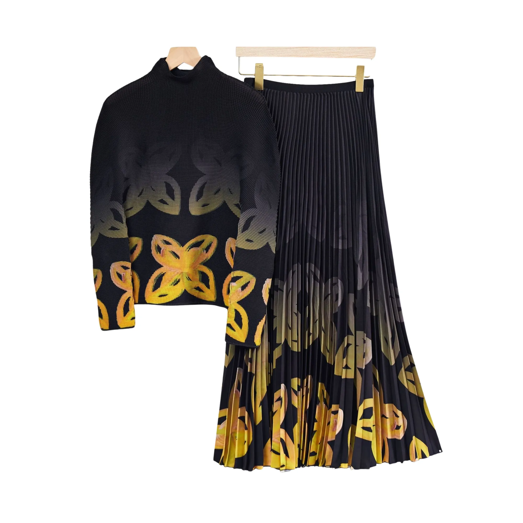 Pre Order:  Contrast Floral Pleated Top Skirt Set