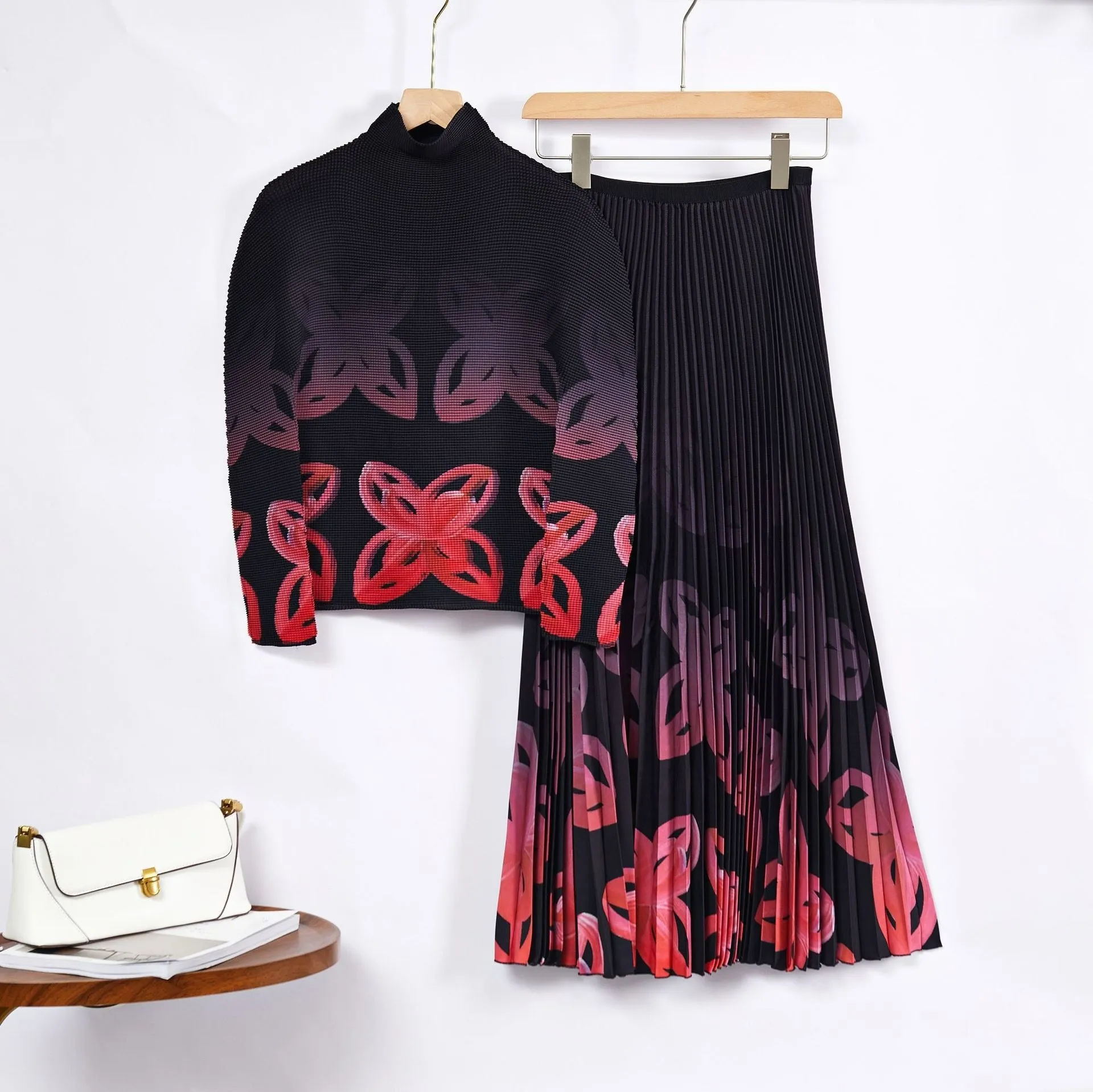 Pre Order:  Contrast Floral Pleated Top Skirt Set