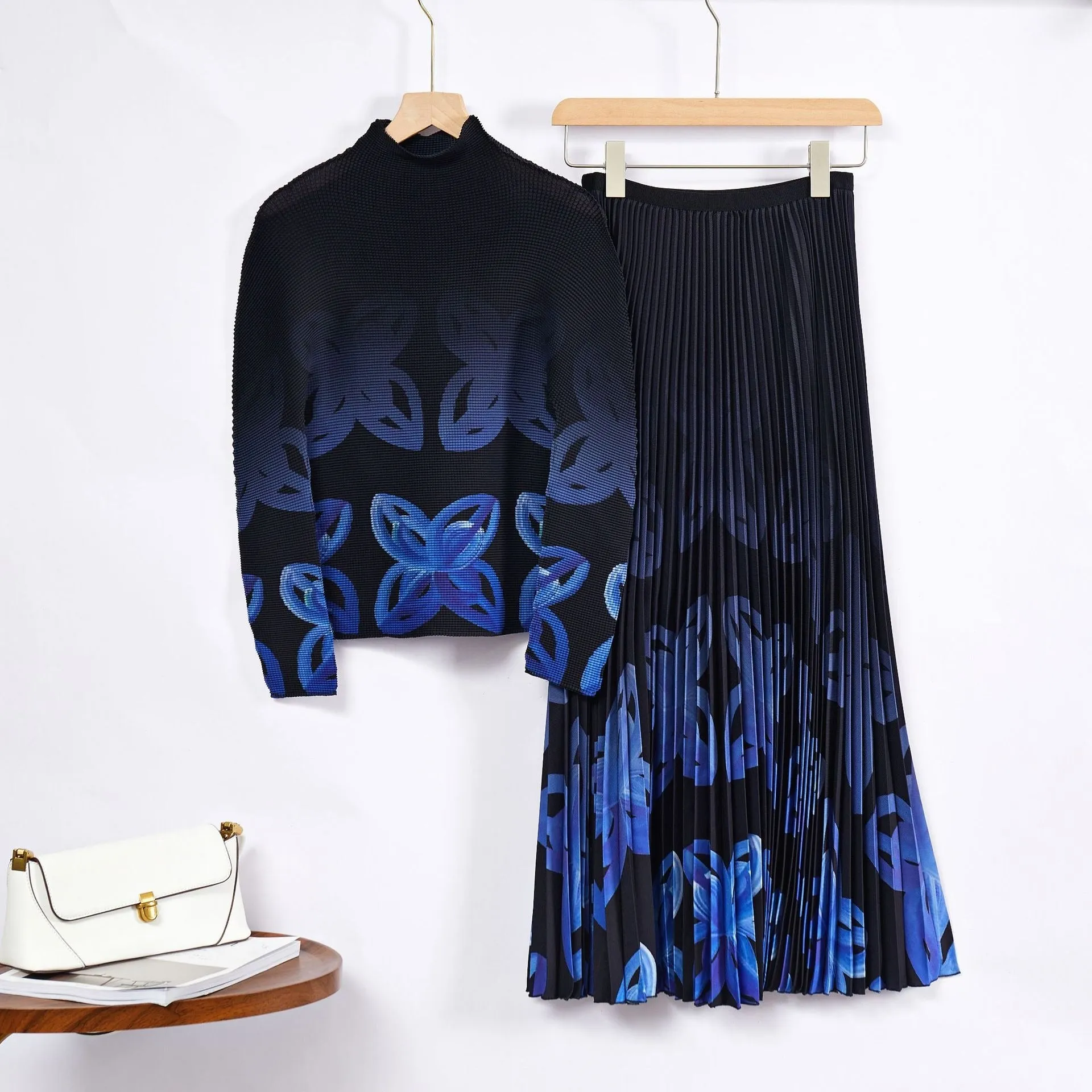 Pre Order:  Contrast Floral Pleated Top Skirt Set