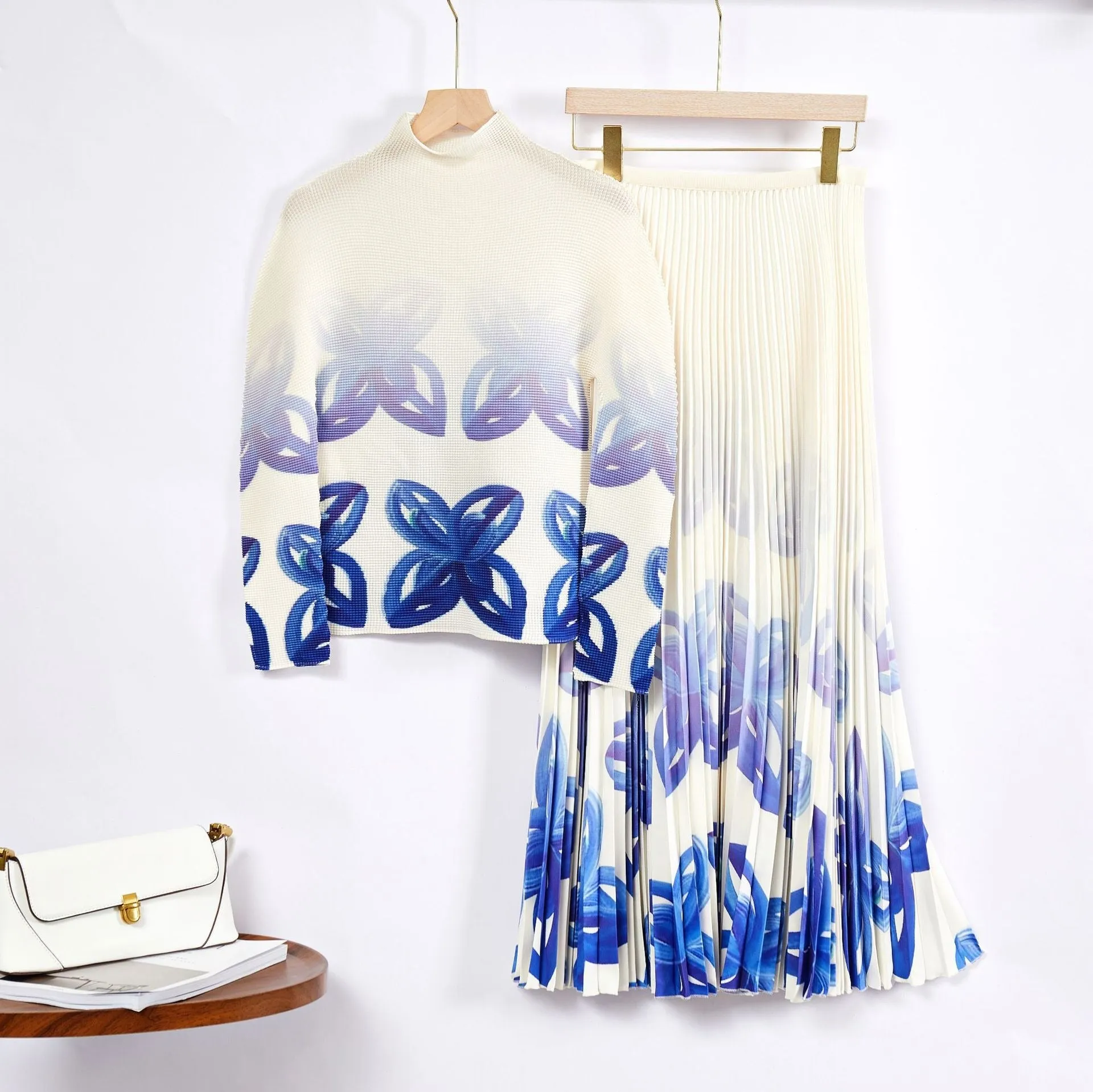 Pre Order:  Contrast Floral Pleated Top Skirt Set