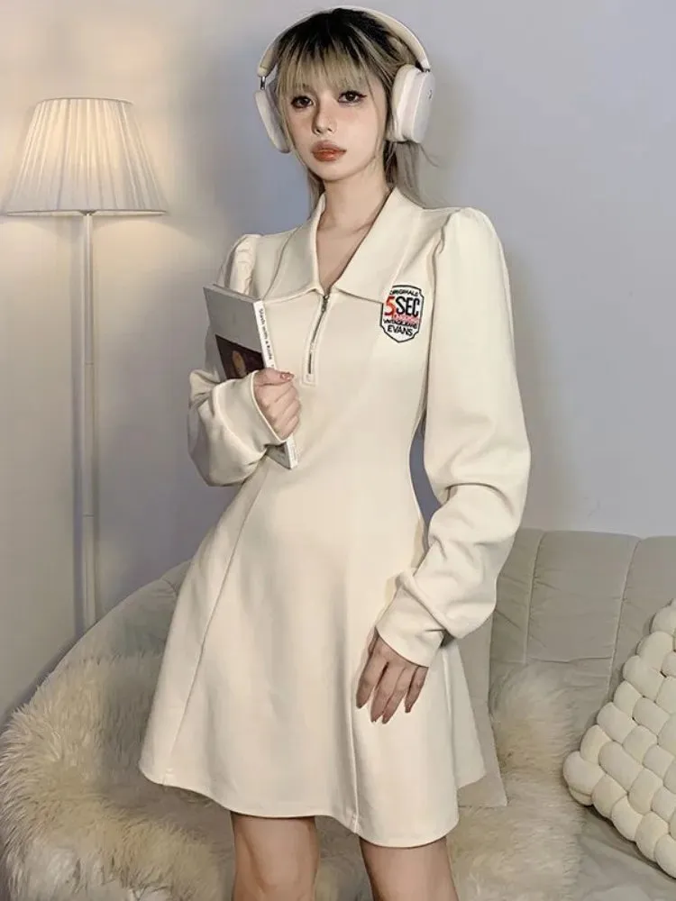 Preppy Style School Polo Dress Women Student  Letter Embroidery Sport Long Sleeve Mini Short Dresses Autumn