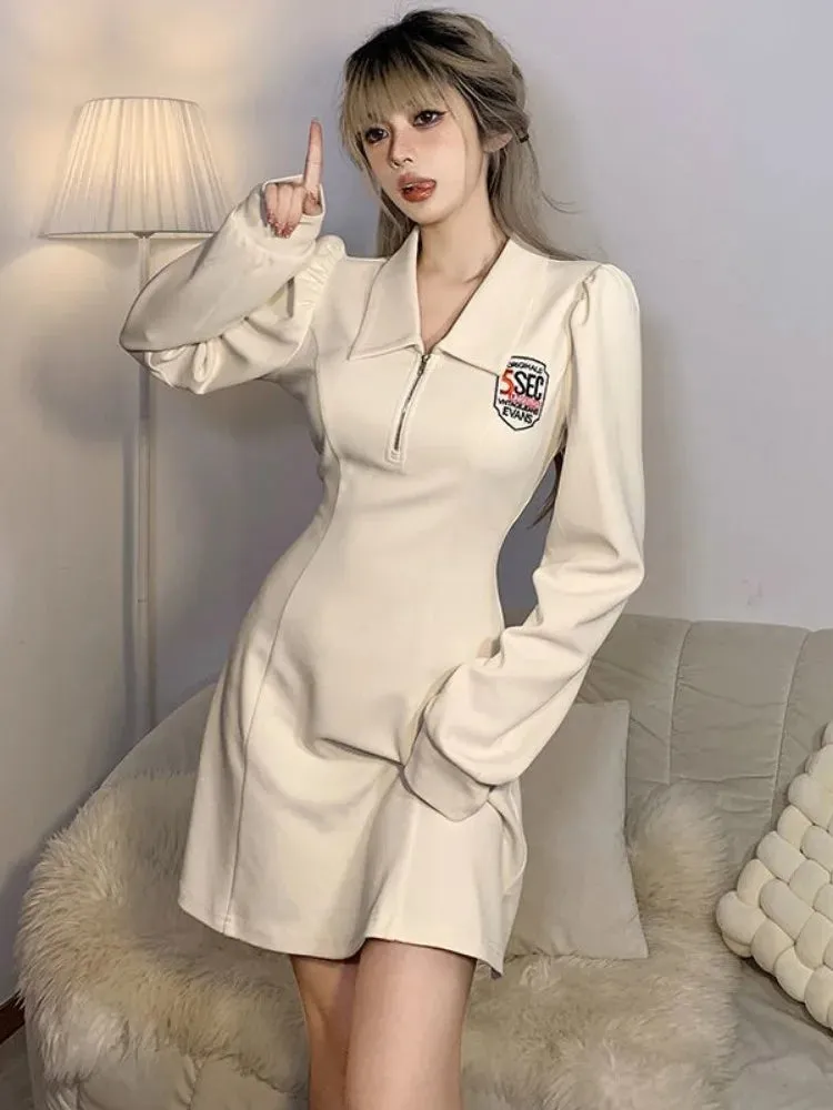 Preppy Style School Polo Dress Women Student  Letter Embroidery Sport Long Sleeve Mini Short Dresses Autumn