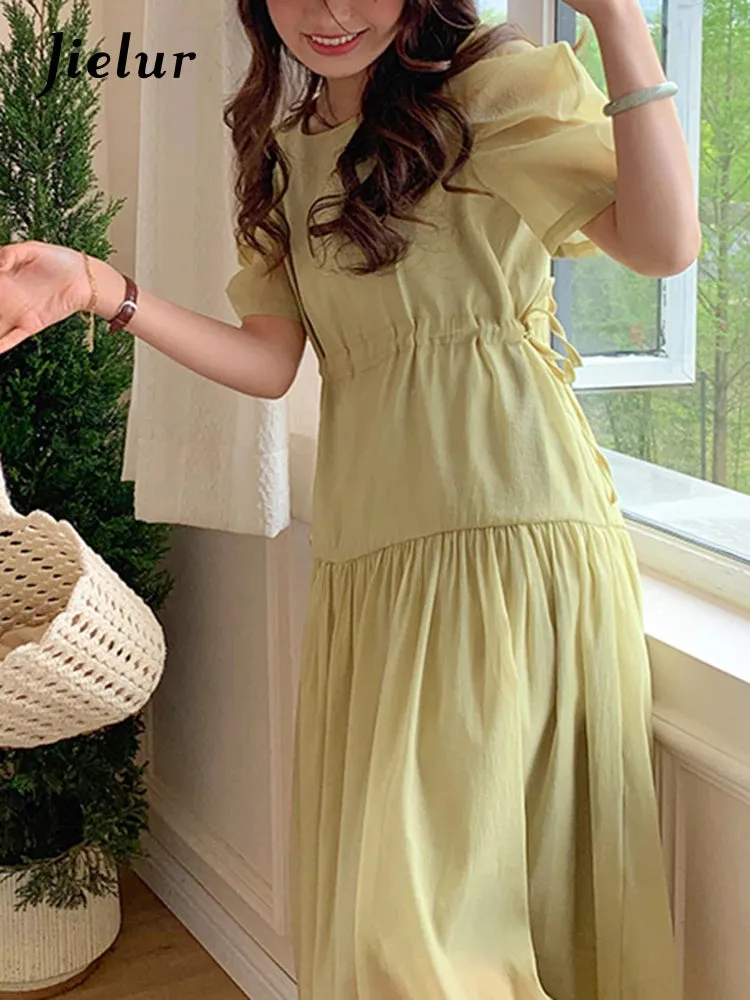 Pure Color Simple O-neck Women's Dresses Korean Style Drawstring Puff Sleeve Ruffles Summer Elegant Fashion Female Dress