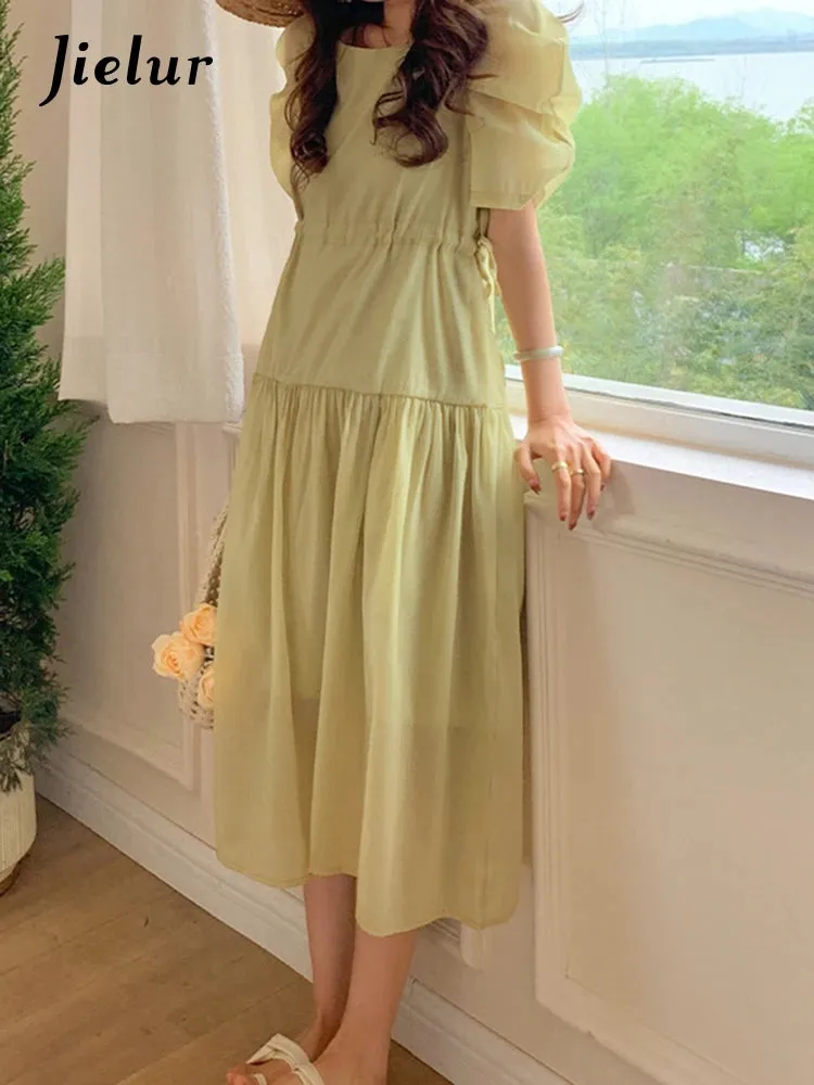 Pure Color Simple O-neck Women's Dresses Korean Style Drawstring Puff Sleeve Ruffles Summer Elegant Fashion Female Dress