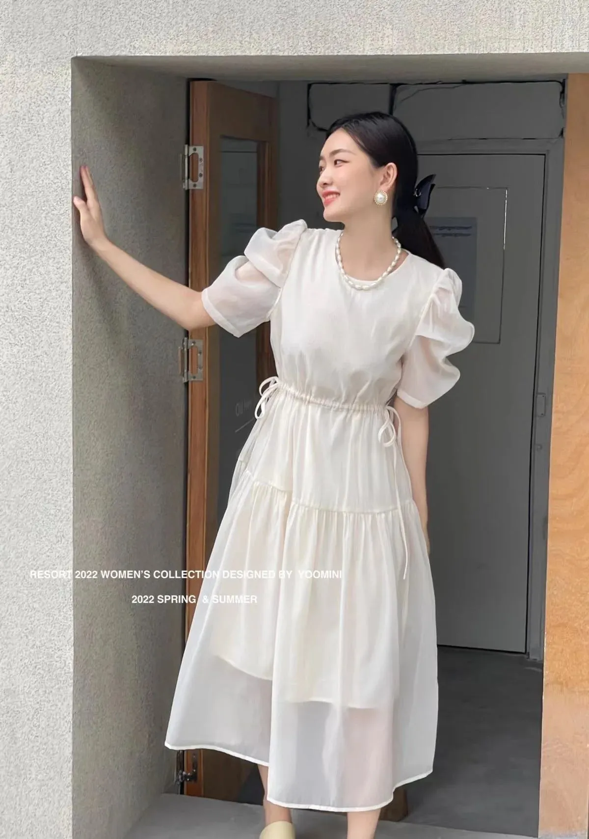 Pure Color Simple O-neck Women's Dresses Korean Style Drawstring Puff Sleeve Ruffles Summer Elegant Fashion Female Dress