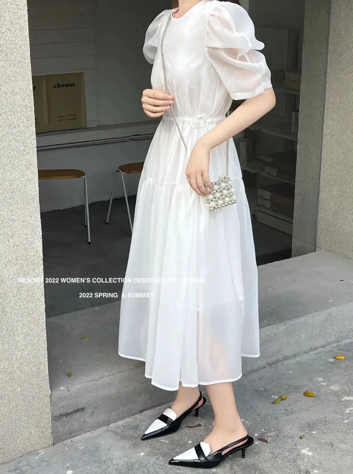 Pure Color Simple O-neck Women's Dresses Korean Style Drawstring Puff Sleeve Ruffles Summer Elegant Fashion Female Dress