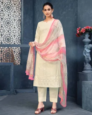 Pure Cotton Off-White Lucknowi Unstitched Suit Material