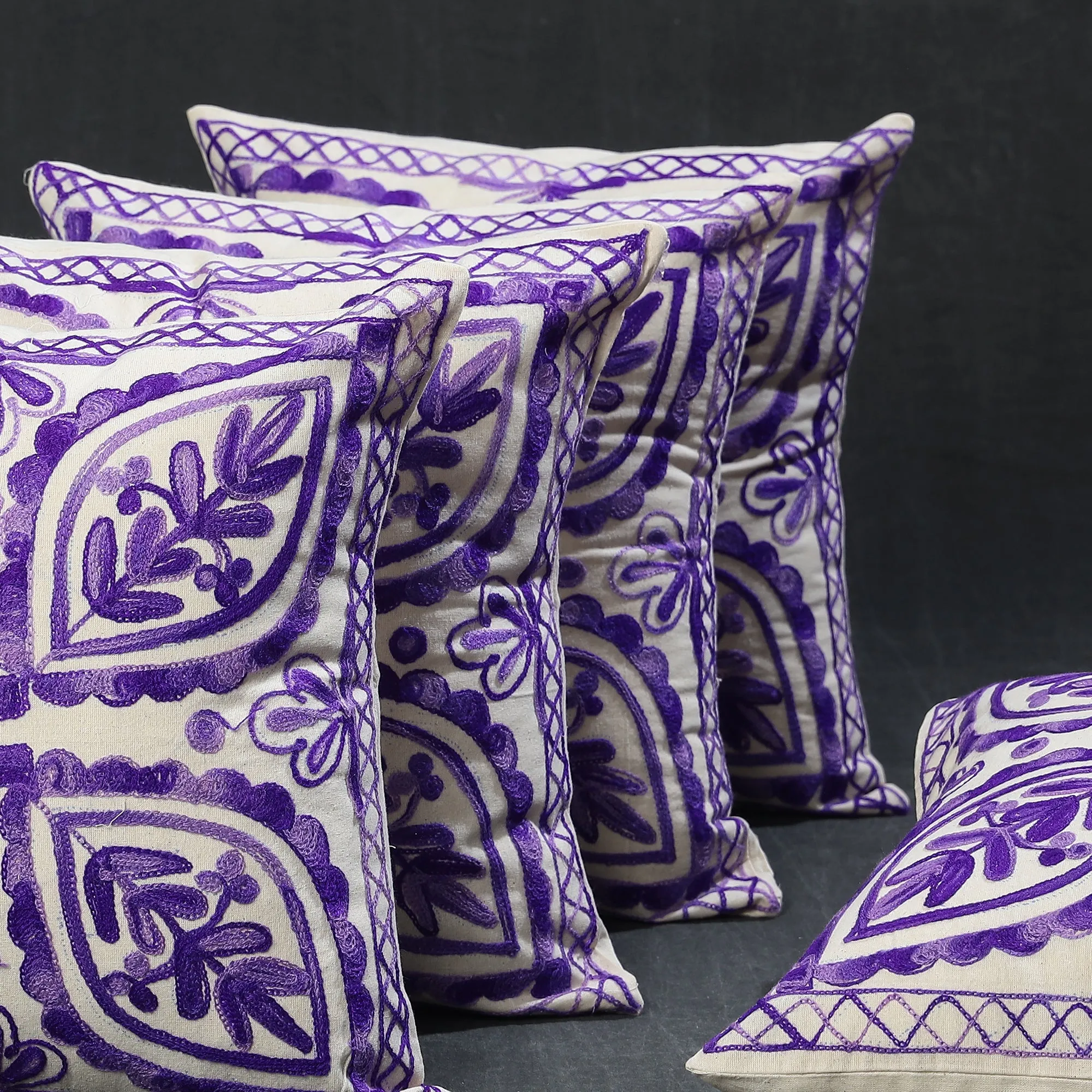 Purple - Aari Hand Embroidered Cotton Cushion Cover Set of 5 (16 x 16 in)