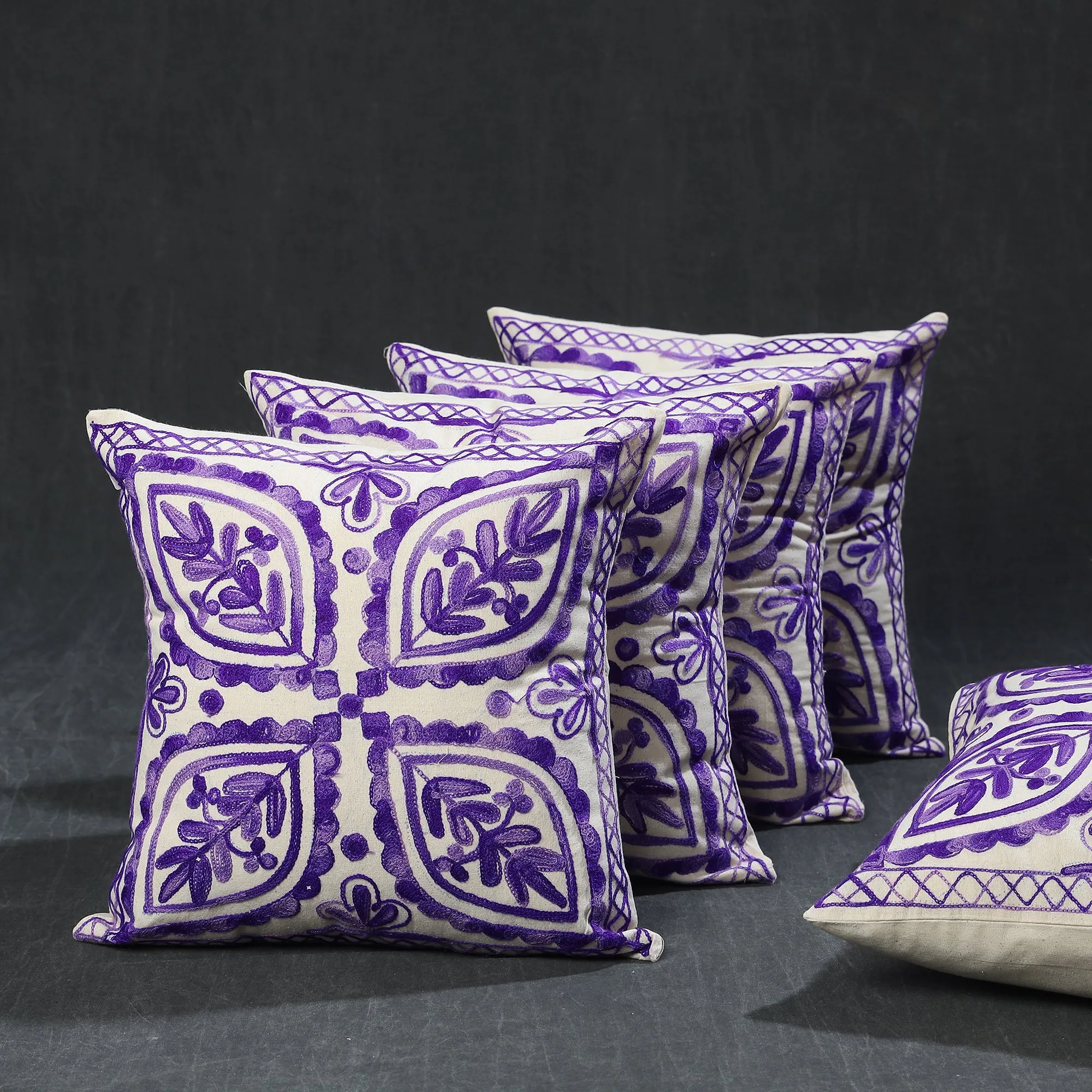 Purple - Aari Hand Embroidered Cotton Cushion Cover Set of 5 (16 x 16 in)