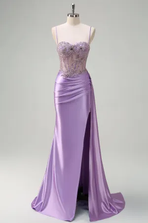 Purple Mermaid Satin Beaded Corset Prom Dress with Slit