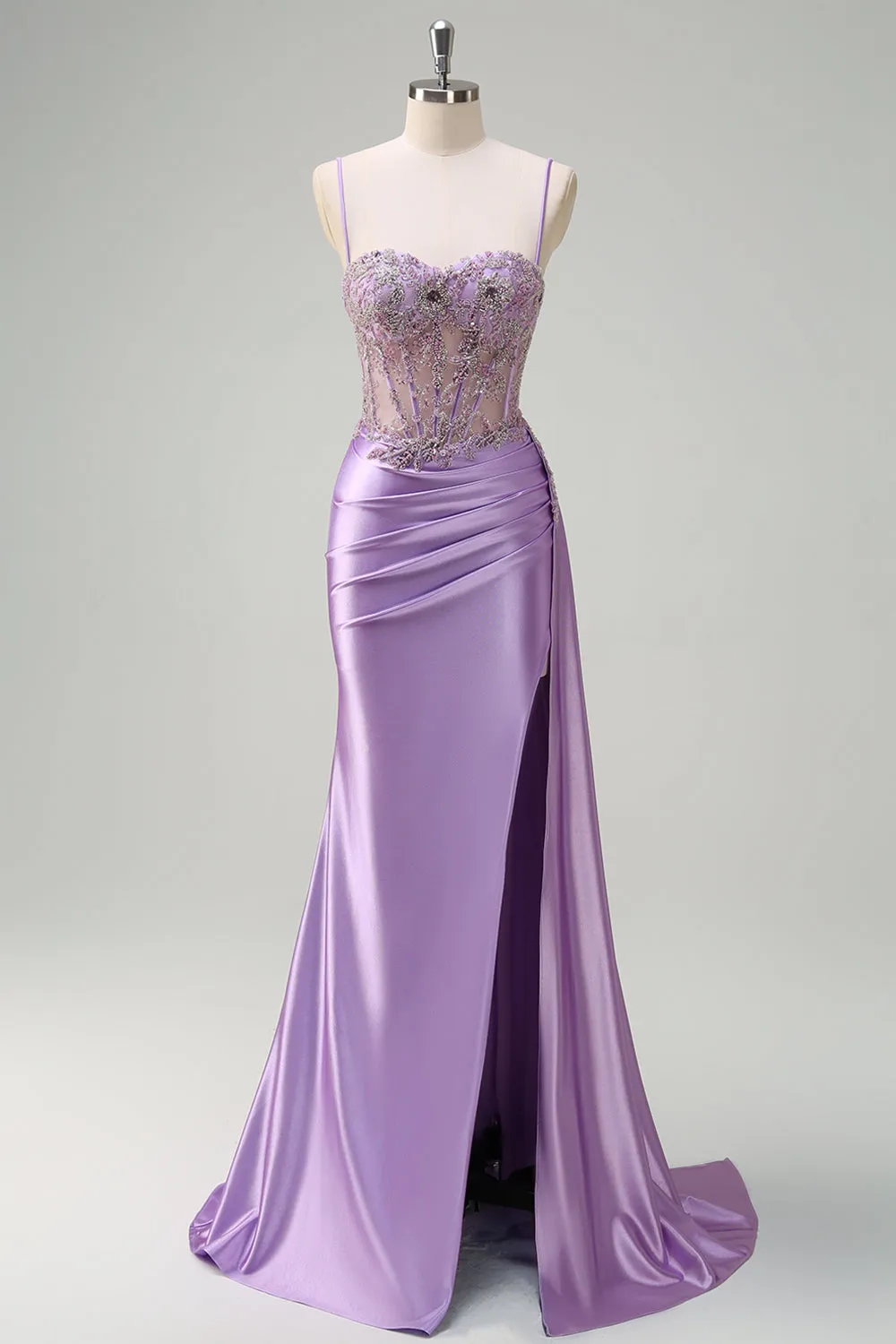 Purple Mermaid Satin Beaded Corset Prom Dress with Slit