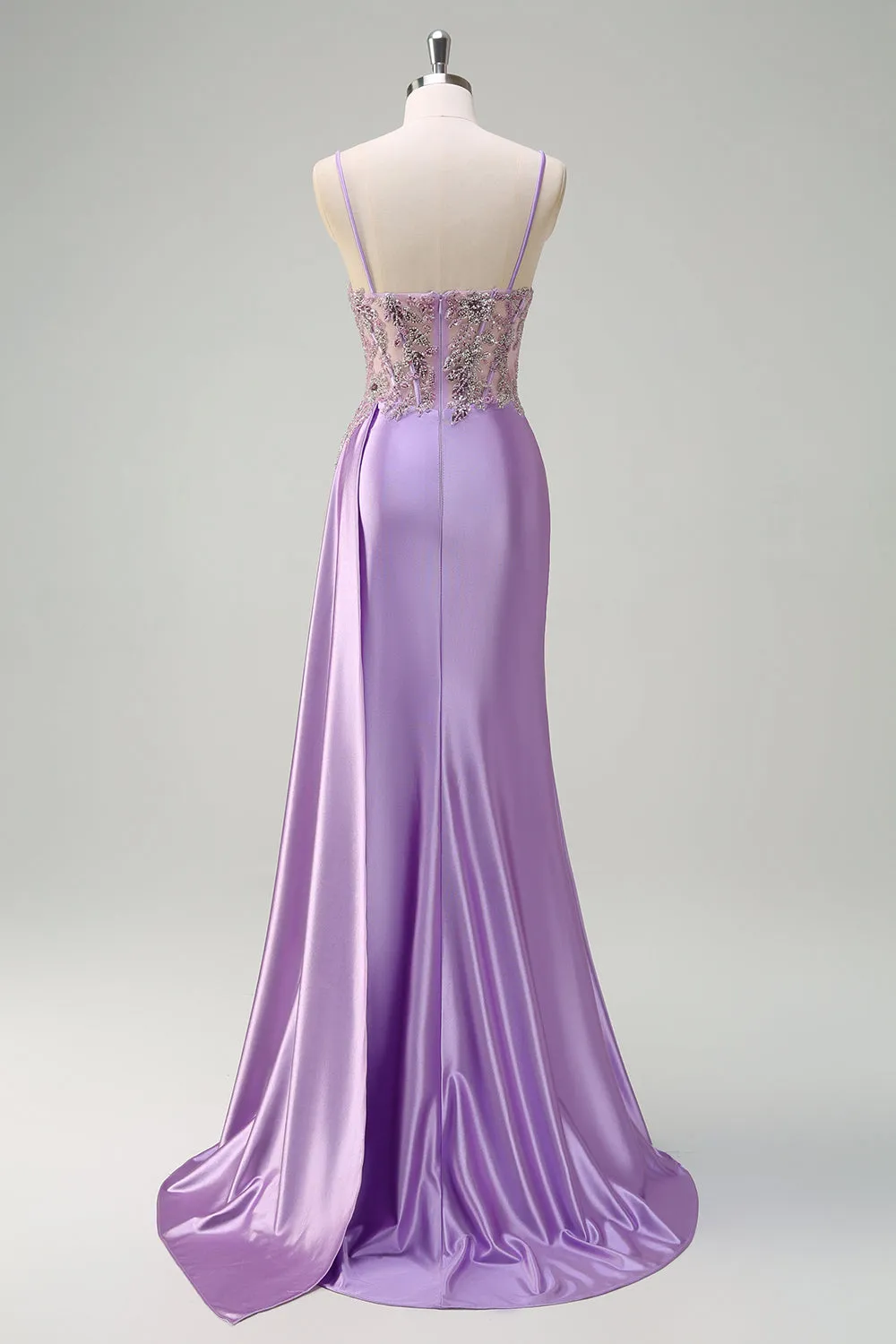 Purple Mermaid Satin Beaded Corset Prom Dress with Slit