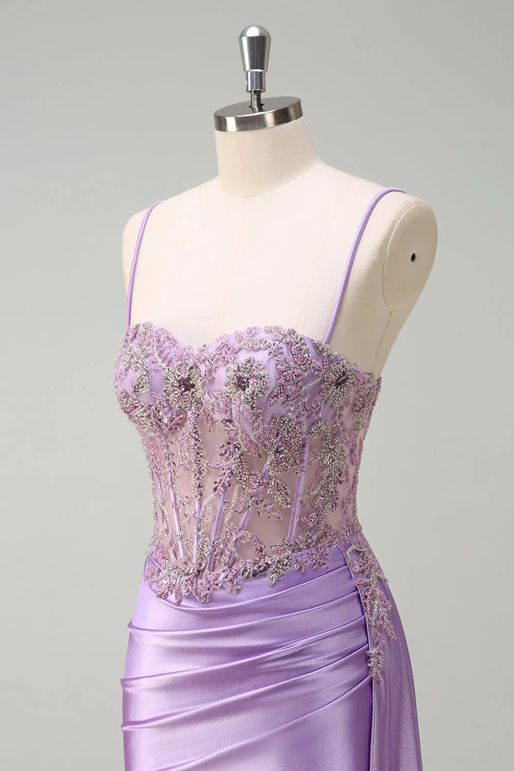 Purple Mermaid Satin Beaded Corset Prom Dress with Slit