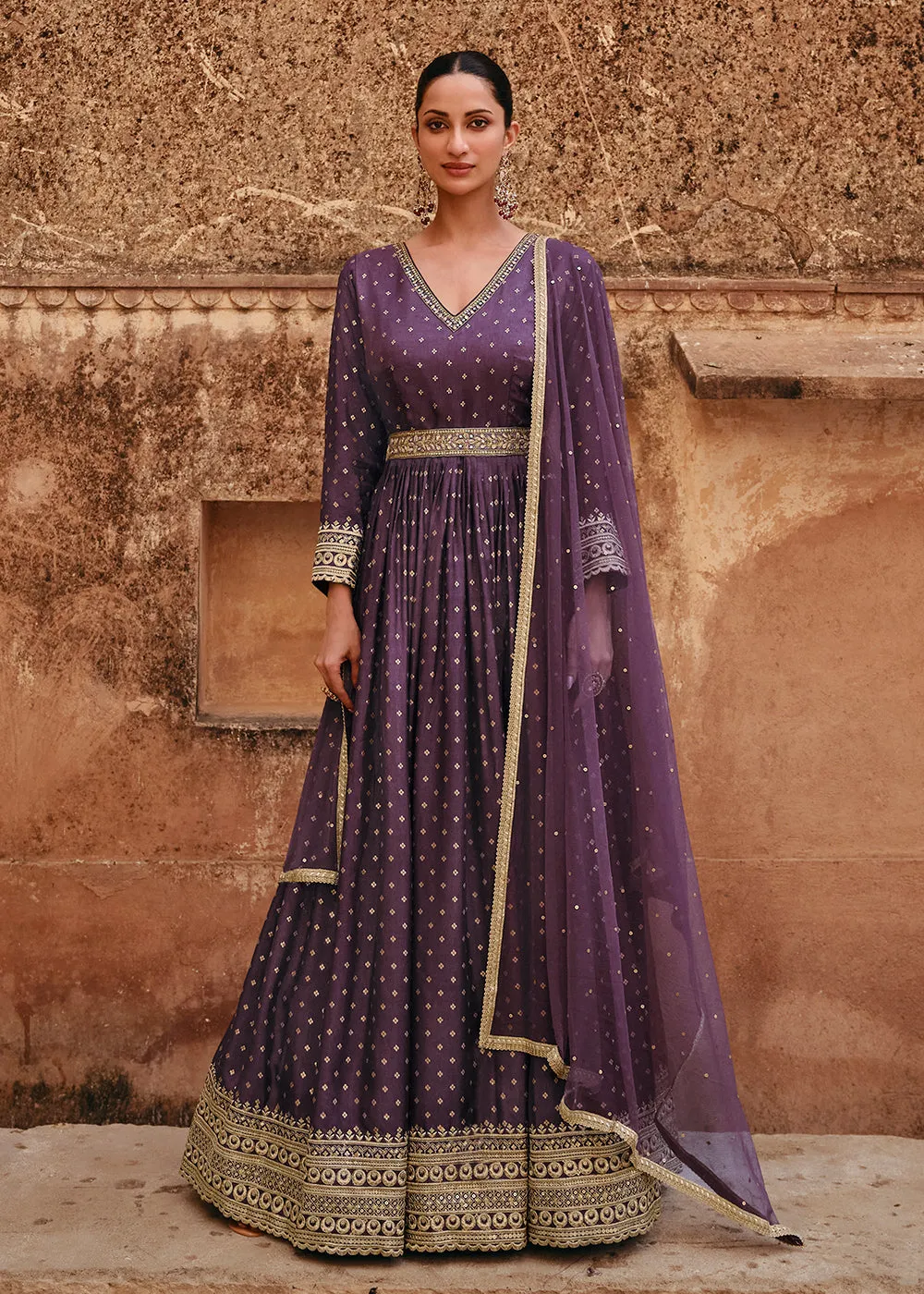 Purple Viscose Jacquard Silk Embroidered Designer Anarkali Suit