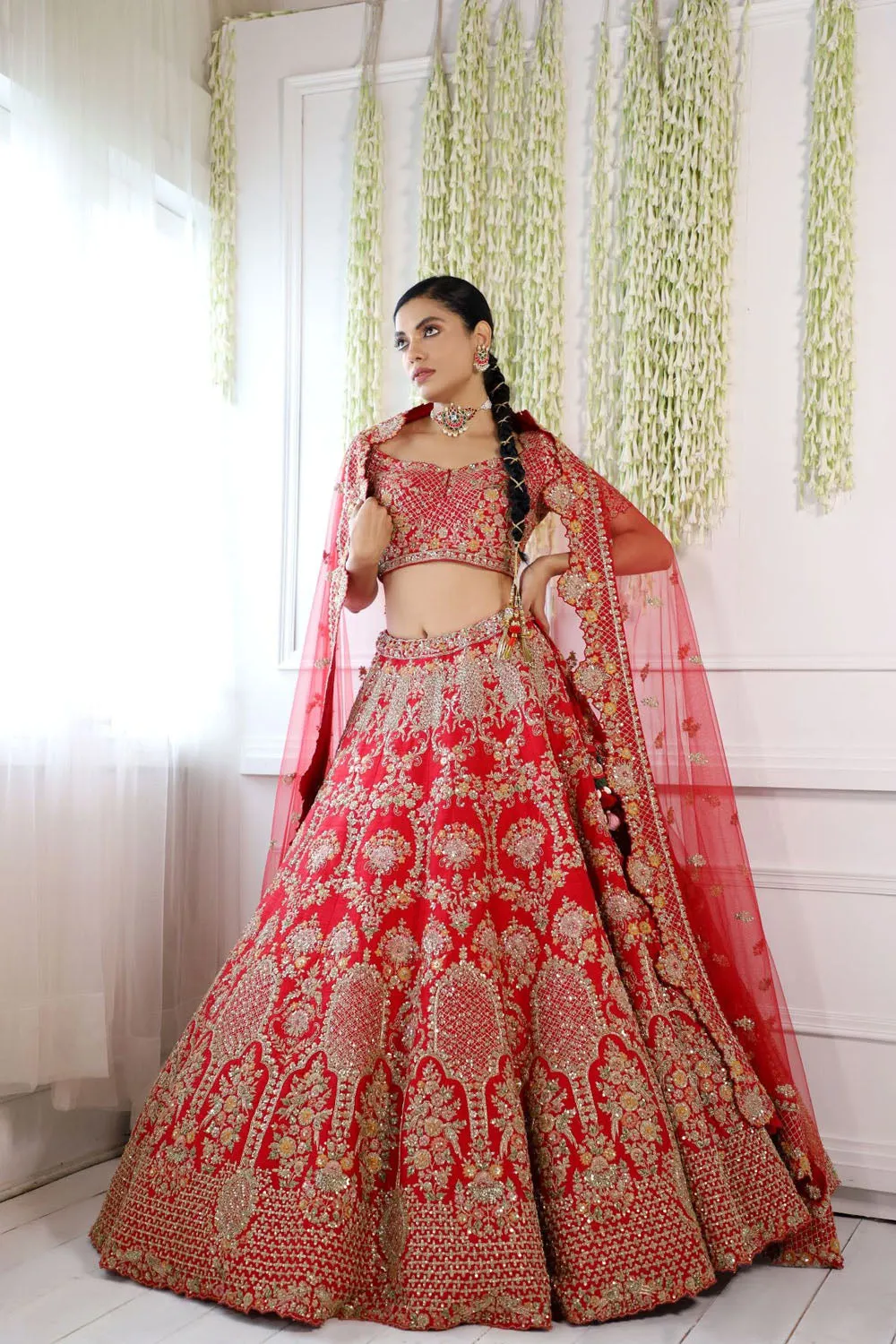 Red Raw Silk Embroidered Lehenga Set