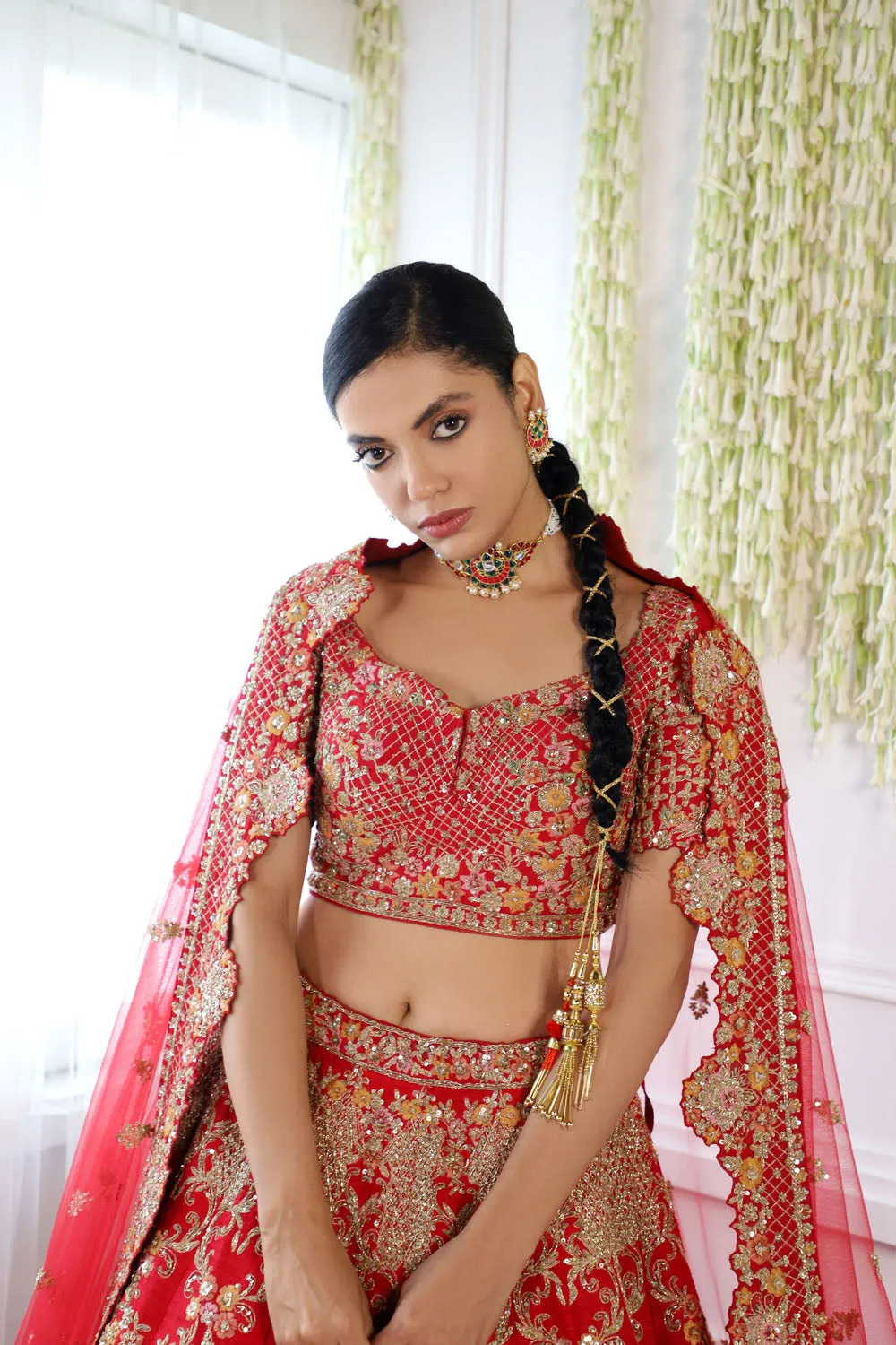 Red Raw Silk Embroidered Lehenga Set