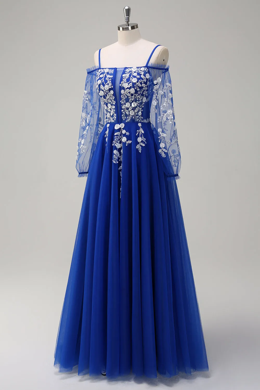 Royal Blue A Line Appliqued Cold Shoulder Tulle Prom Dress with Long Sleeves