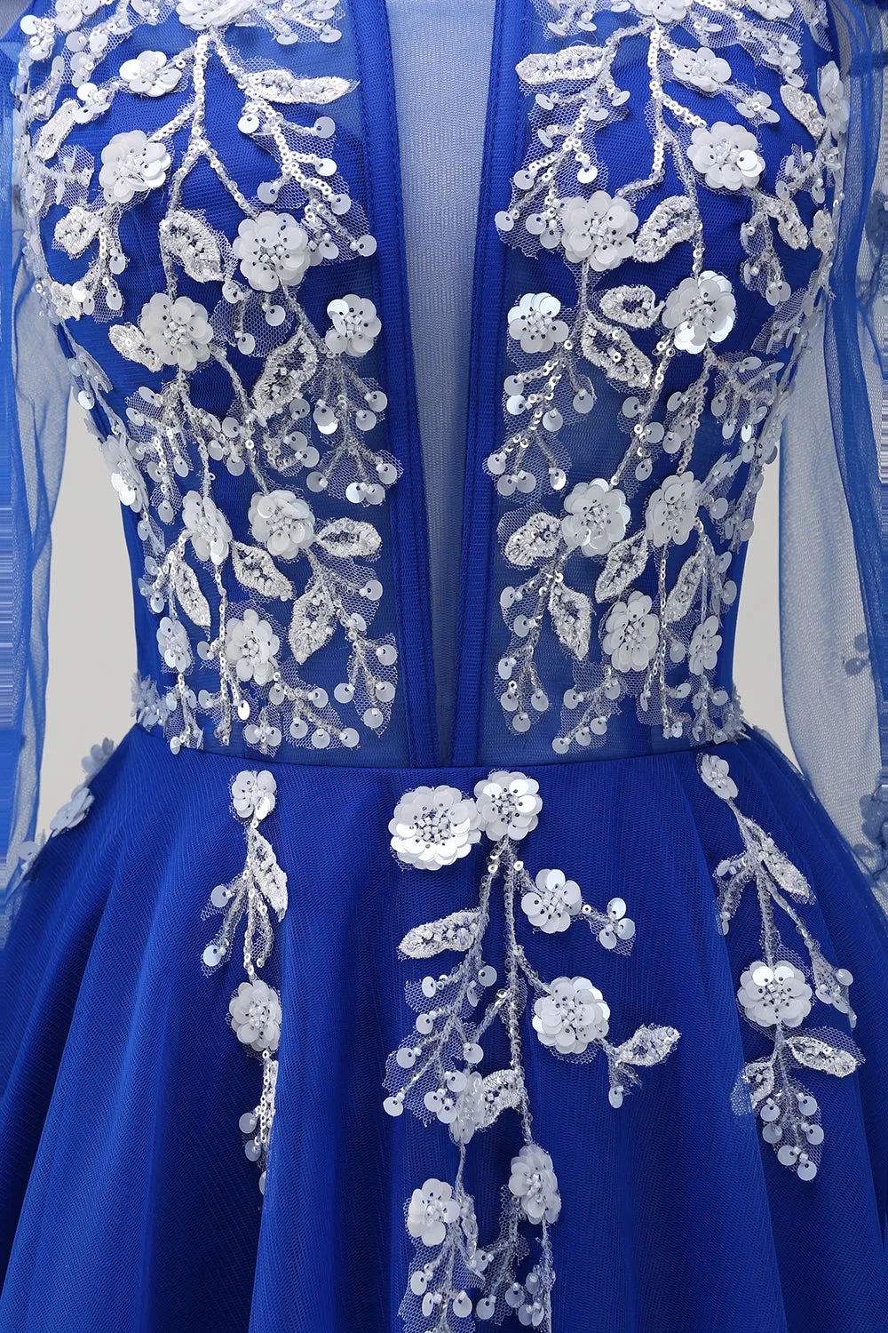 Royal Blue A Line Appliqued Cold Shoulder Tulle Prom Dress with Long Sleeves