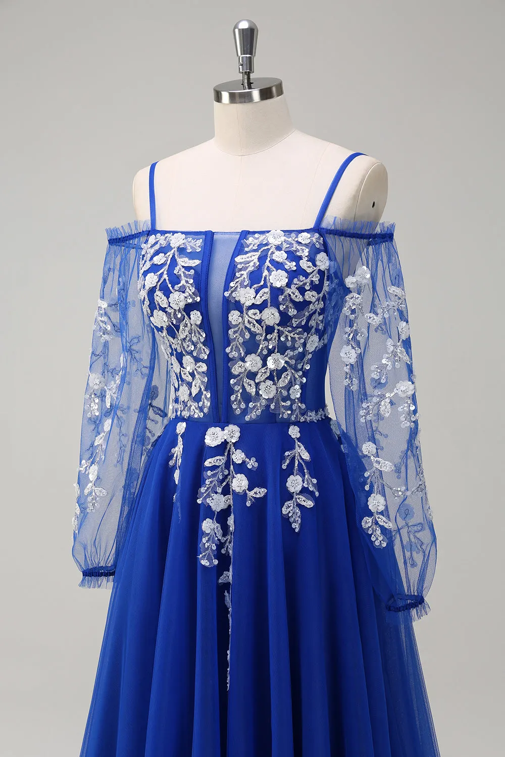 Royal Blue A Line Appliqued Cold Shoulder Tulle Prom Dress with Long Sleeves