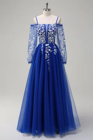 Royal Blue A Line Appliqued Cold Shoulder Tulle Prom Dress with Long Sleeves