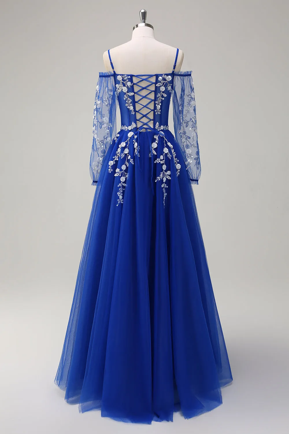 Royal Blue A Line Appliqued Cold Shoulder Tulle Prom Dress with Long Sleeves