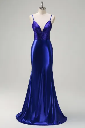 Royal Blue Backless Beaded Mermaid Prom Dress