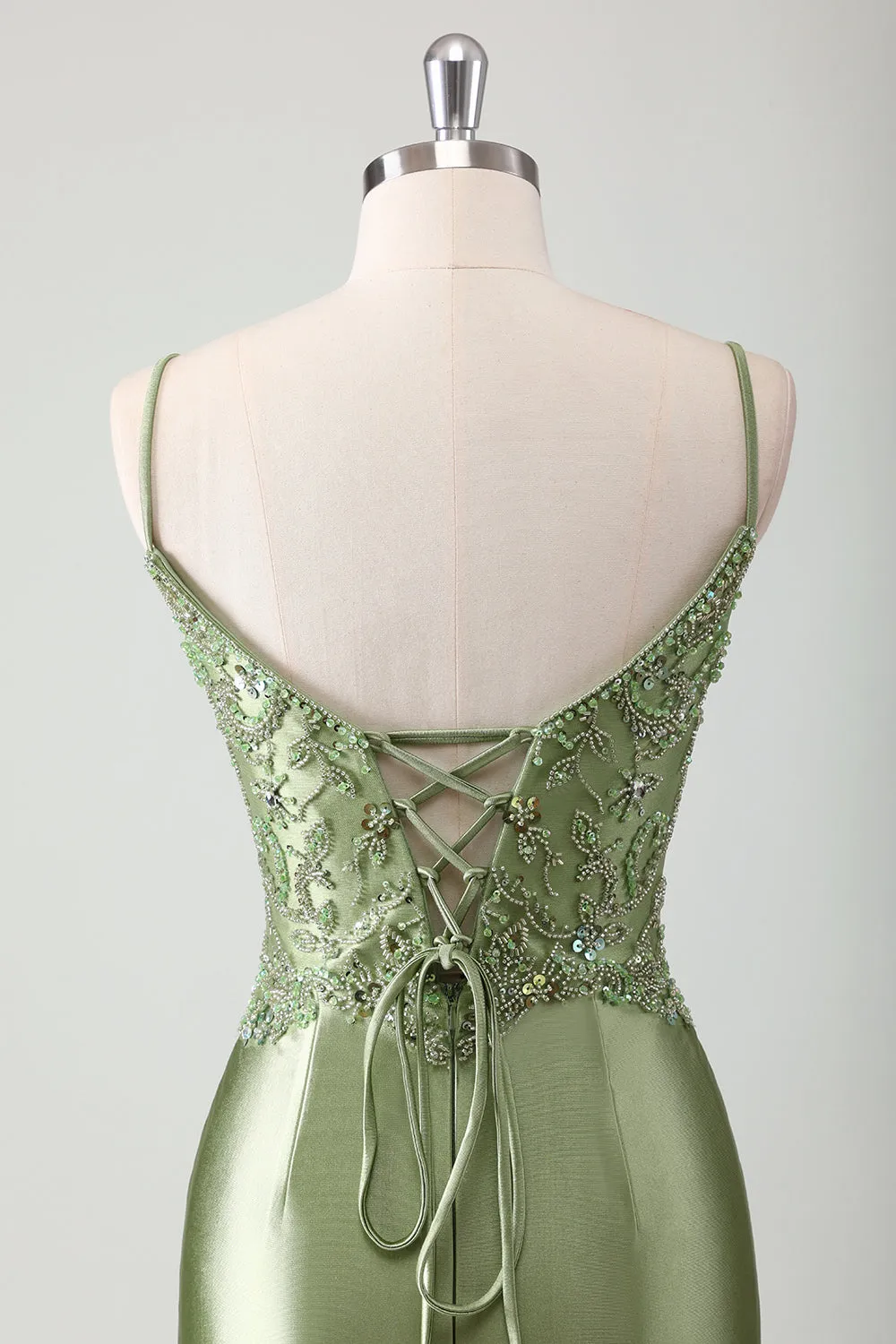 Sage Sequined Satin Mermaid Prom Dress with Lace-up Back