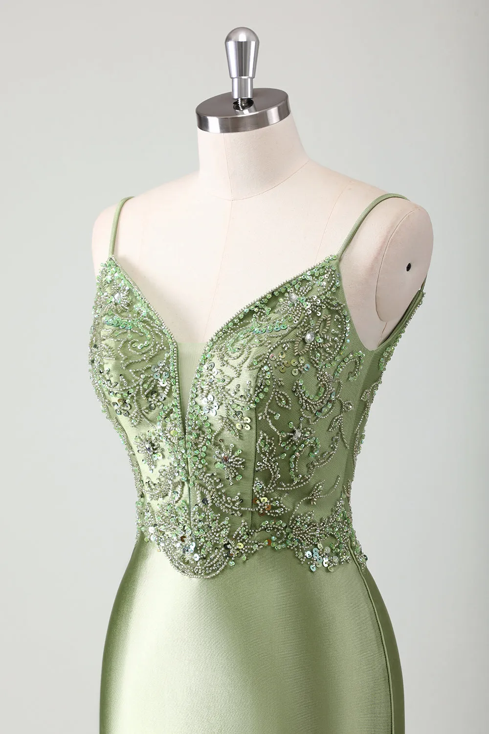 Sage Sequined Satin Mermaid Prom Dress with Lace-up Back