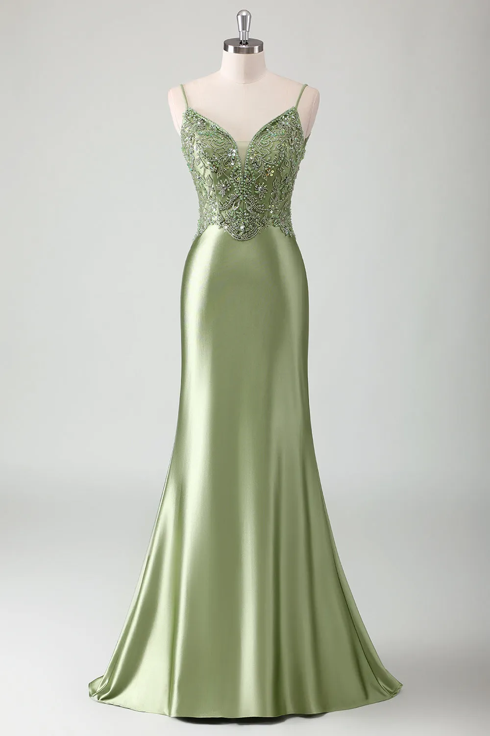 Sage Sequined Satin Mermaid Prom Dress with Lace-up Back