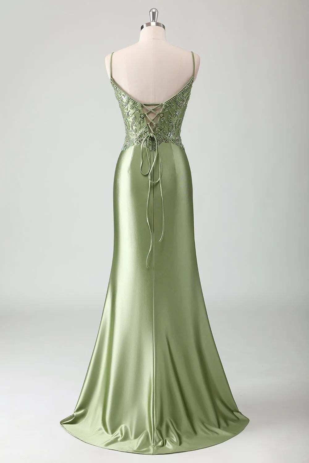 Sage Sequined Satin Mermaid Prom Dress with Lace-up Back