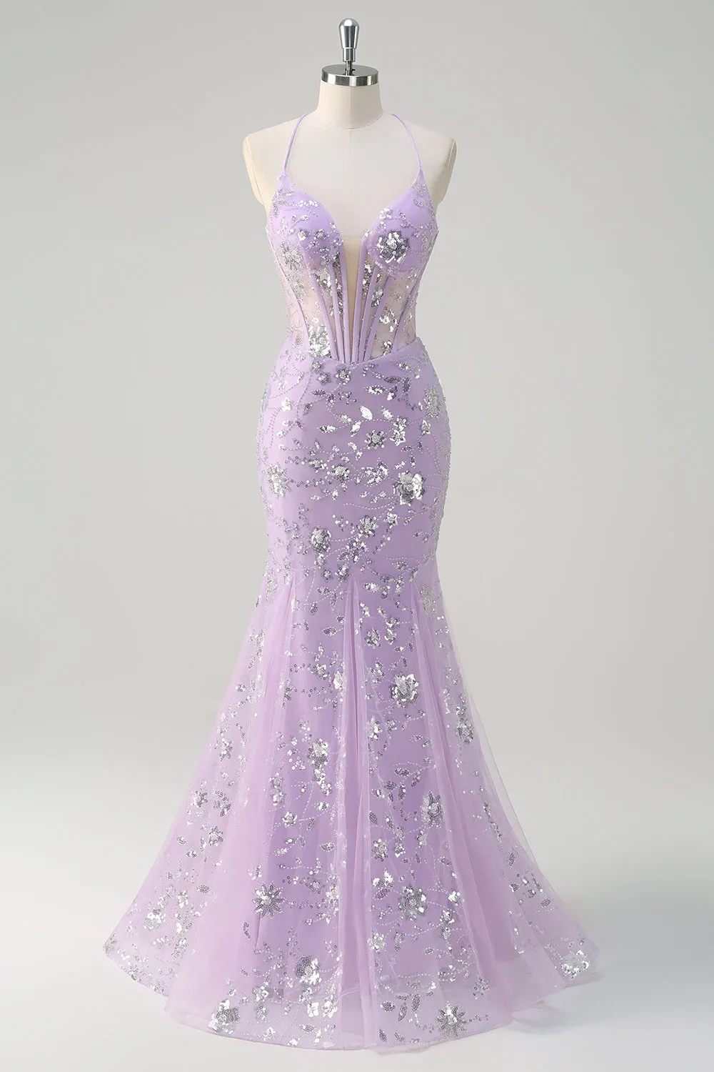 Sequined Lilac Corset Mermaid Prom Dress with Lace-up Back