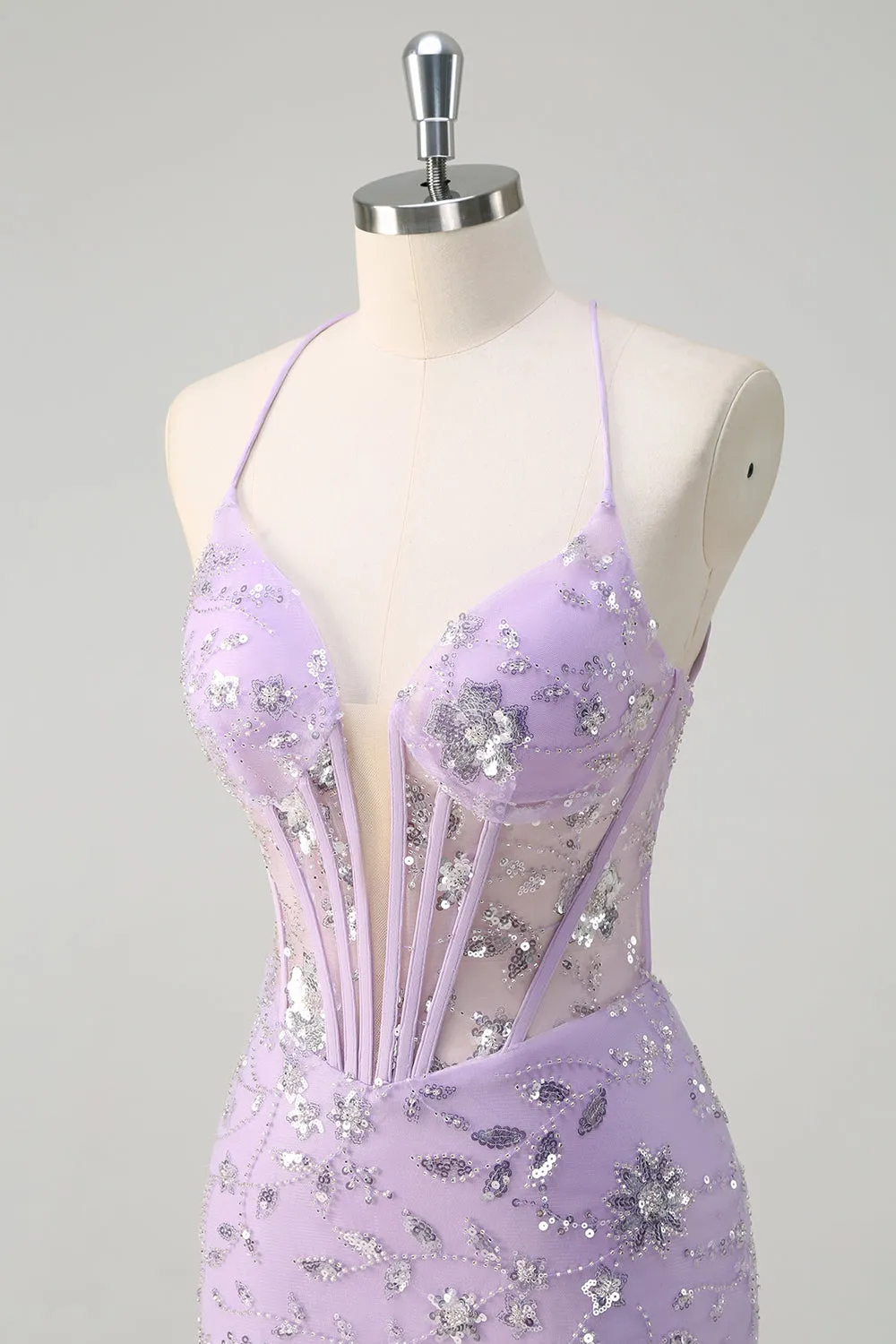 Sequined Lilac Corset Mermaid Prom Dress with Lace-up Back