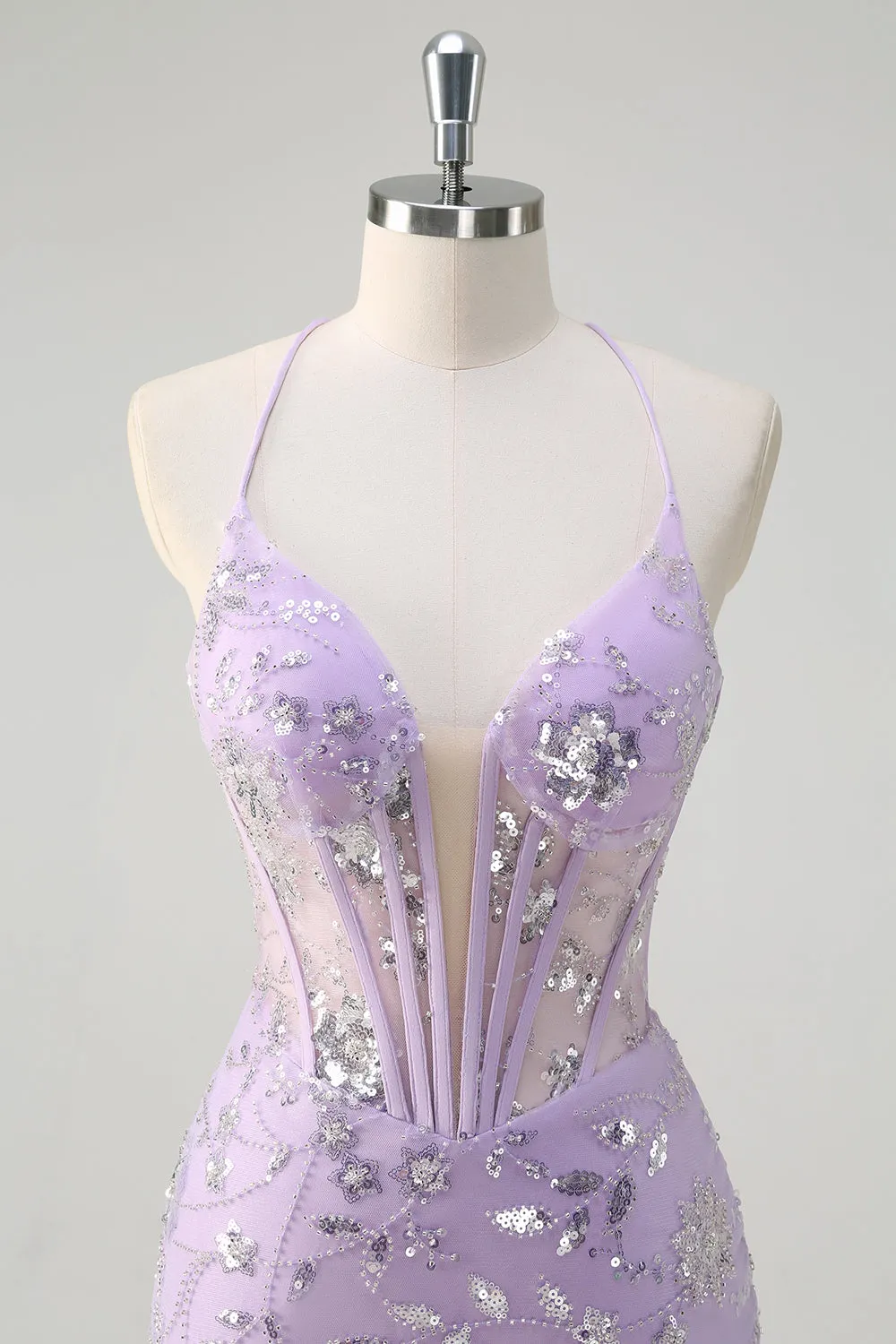 Sequined Lilac Corset Mermaid Prom Dress with Lace-up Back