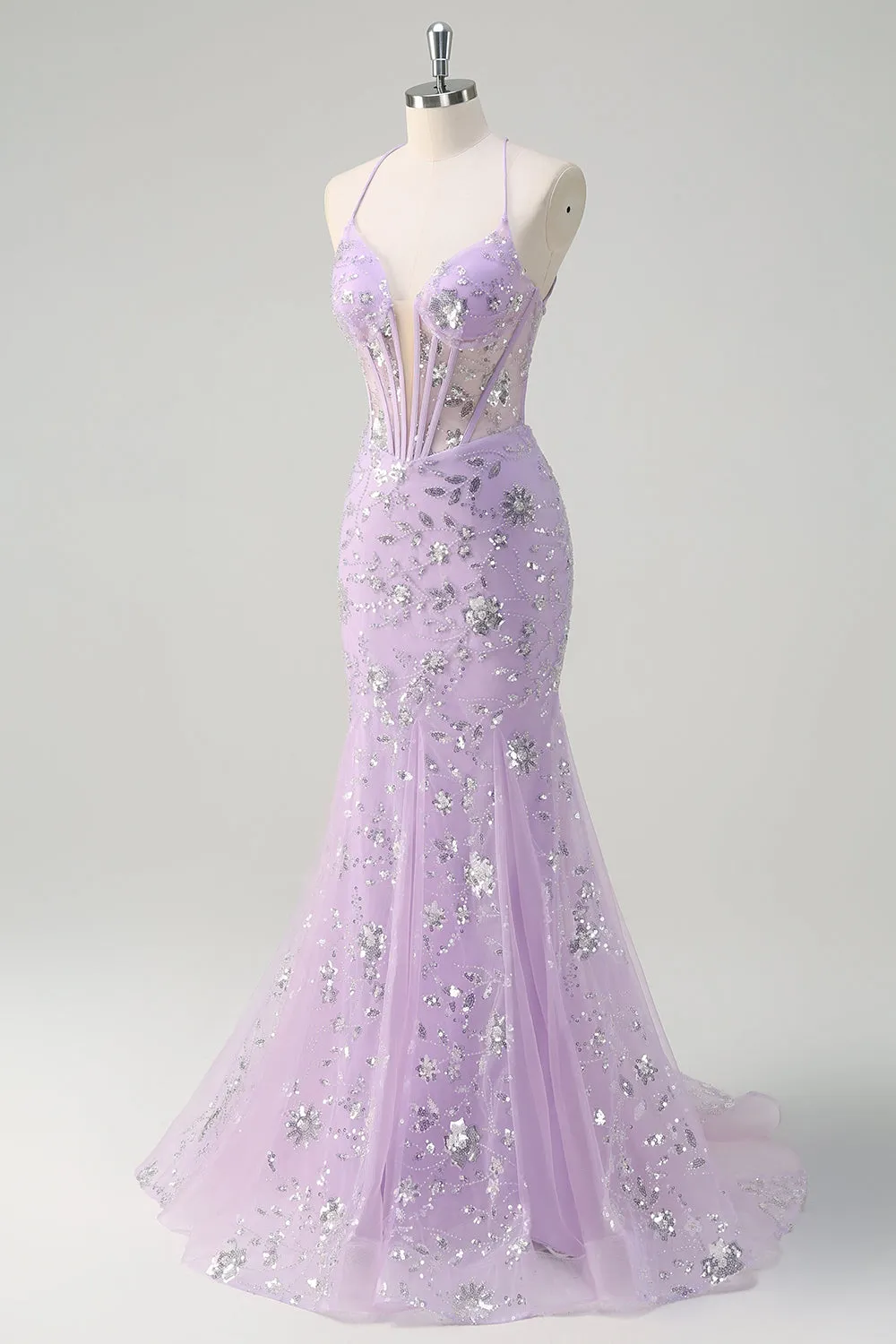 Sequined Lilac Corset Mermaid Prom Dress with Lace-up Back