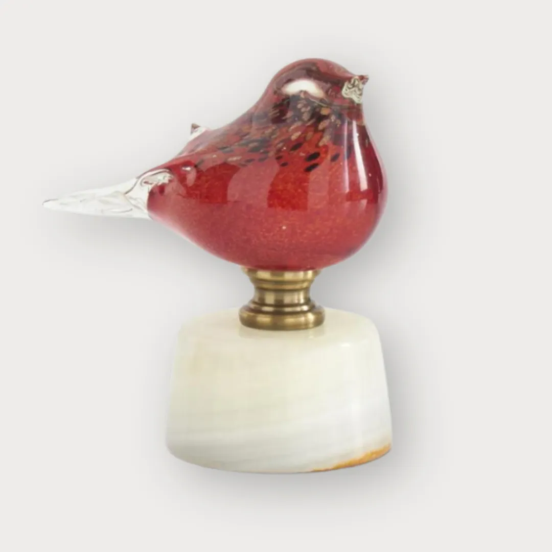 Set of 2 Red Glass Birds on White Marble Bases