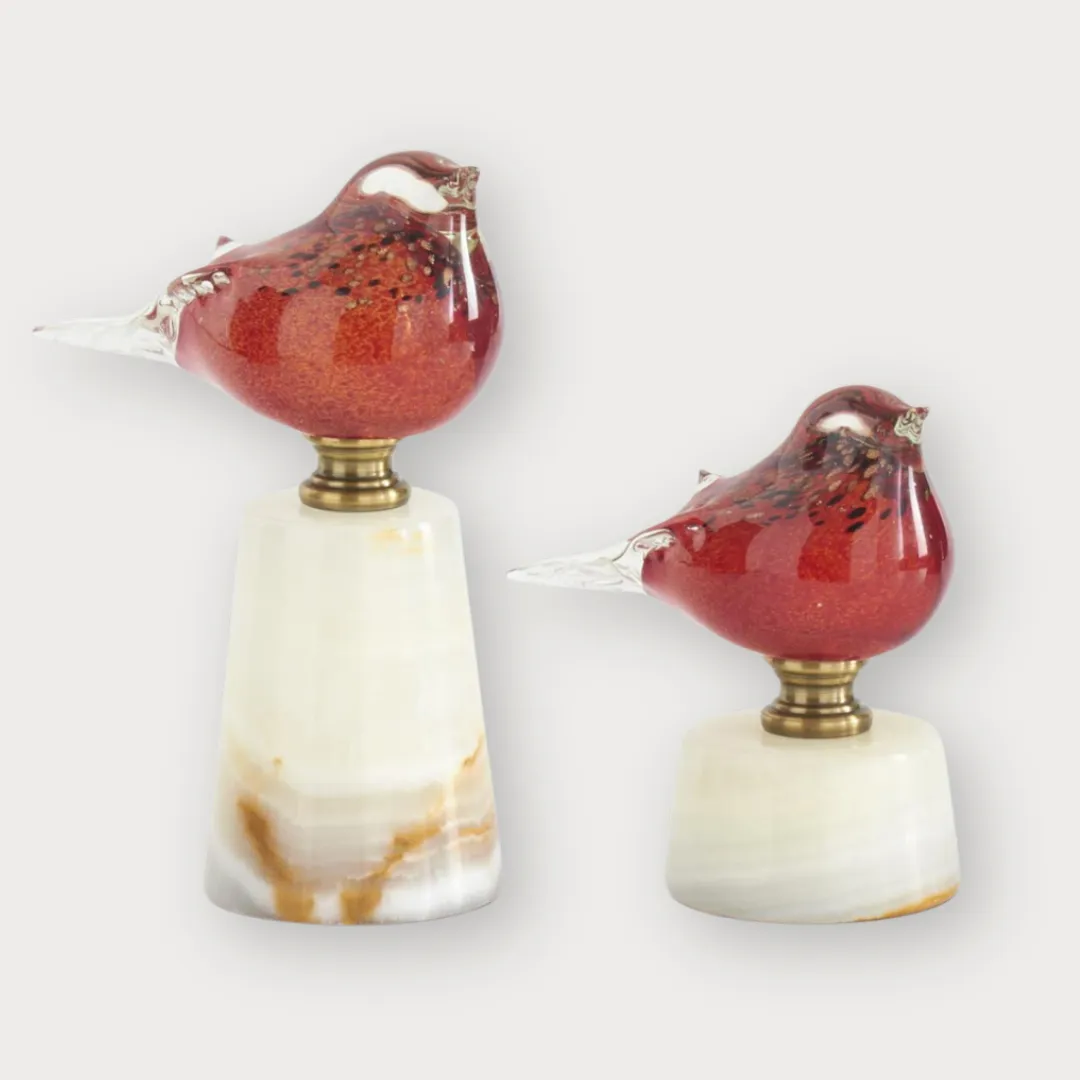 Set of 2 Red Glass Birds on White Marble Bases