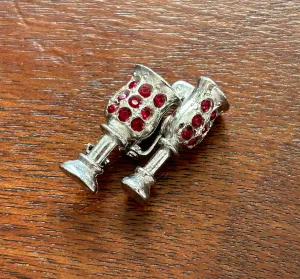 Set of 2 Vintage Silver Tone Red Rhinestone Chalise Cups Brooch Pins