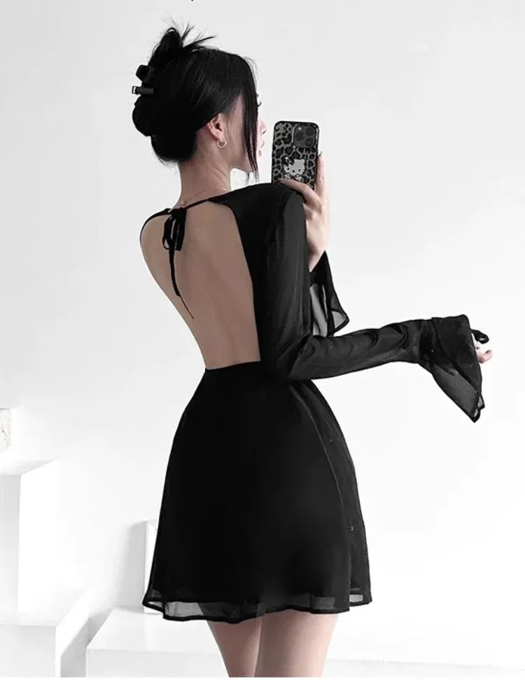 Sexy Backless Black Party Short Dresses Women Mesh Lace Up Flare Long Sleeve Mini Dress Wrap Slim Spring Fashion