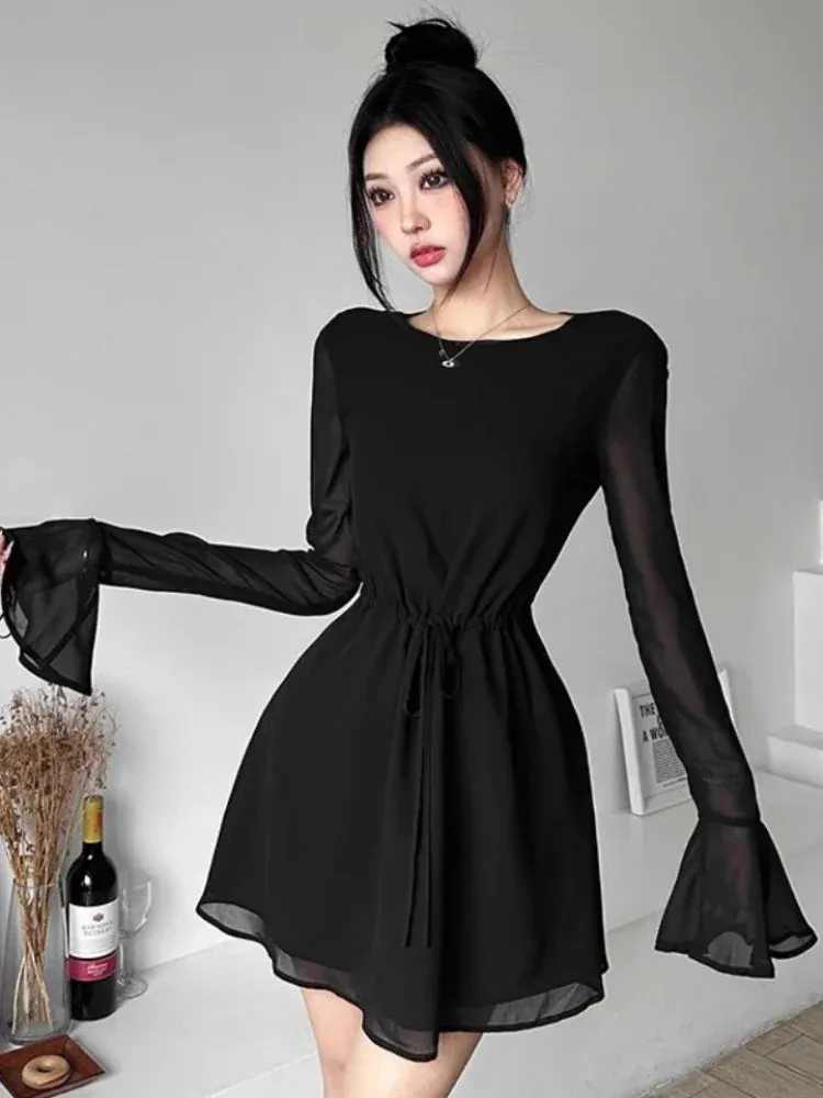 Sexy Backless Black Party Short Dresses Women Mesh Lace Up Flare Long Sleeve Mini Dress Wrap Slim Spring Fashion