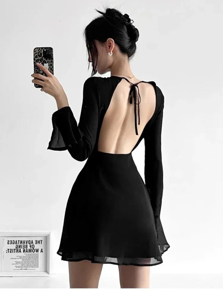 Sexy Backless Black Party Short Dresses Women Mesh Lace Up Flare Long Sleeve Mini Dress Wrap Slim Spring Fashion