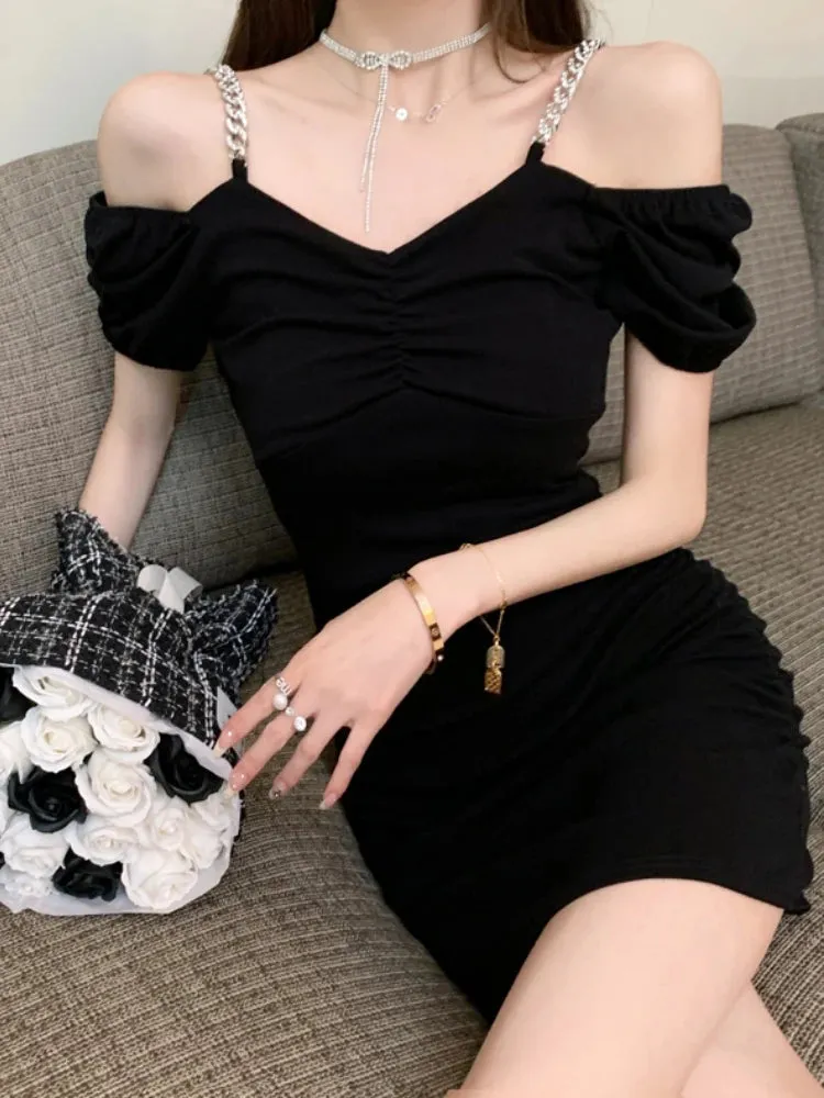 Sexy Black Bodycon Dress Summer Night Club Party Korean Fashion Kpop Off Shoulder Mini Short Dresses Summer Sundress