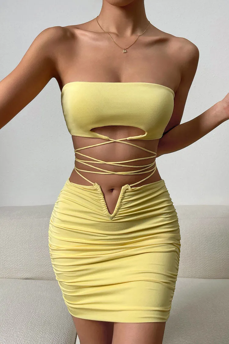 Sexy Keyhole Tube Top Wrap V Cut High Waist Two Piece Club Mini Dress - Yellow